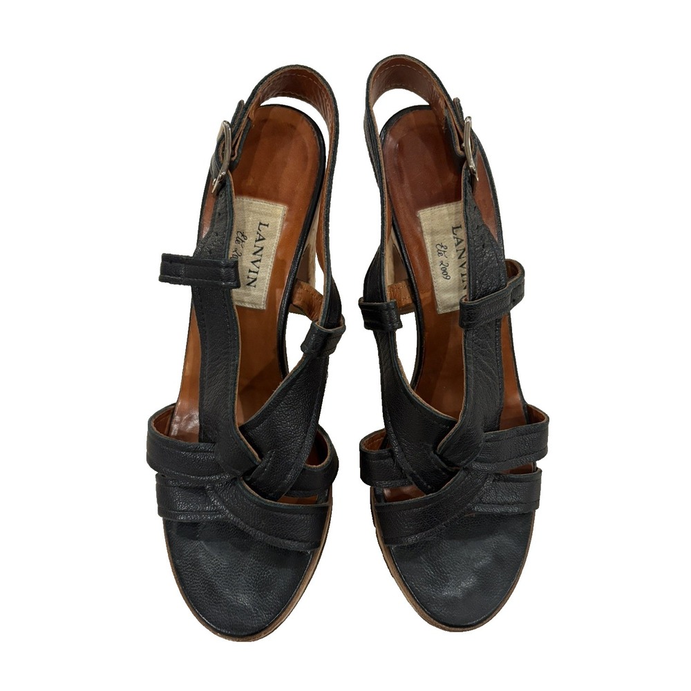 LANVIN Paris Black Leather Cork Platform Wedge Sandals Size 38.5 US 8/8.5